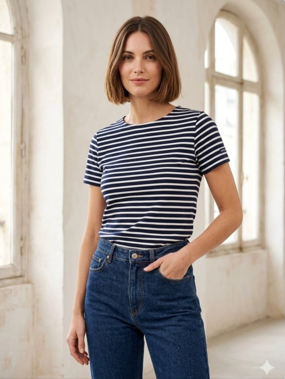 Saint James x Jenni Kayne Rue Linen Striped Top Gray Navy Logo Size 42 L France